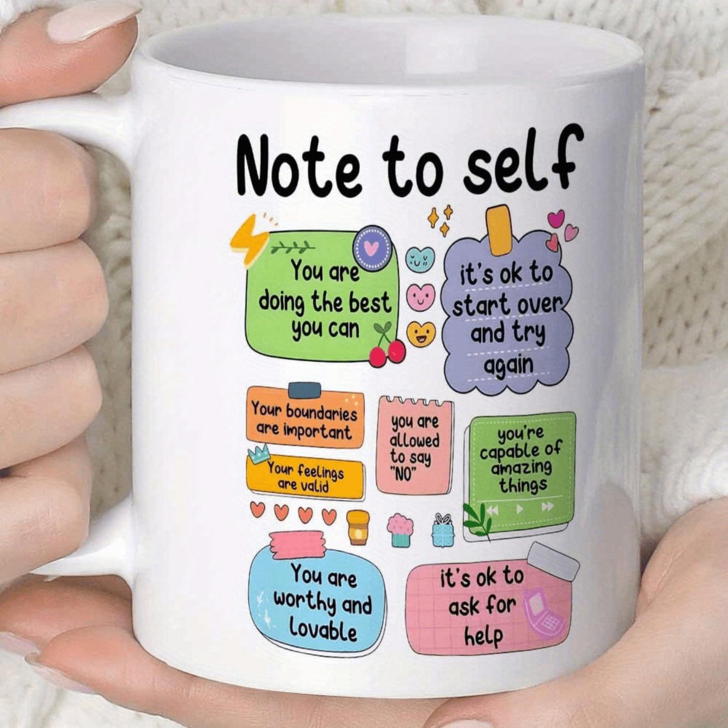 1pc Self-Care Reminders Mug - 11oz Ceramic Coffee Cup with Inspirational Quotes, Reusable & Dishwasher Safe, Perfect for Home, Office, or Gift, Ideal for Christmas, Halloween, Easter, Coffee Bar Accessories