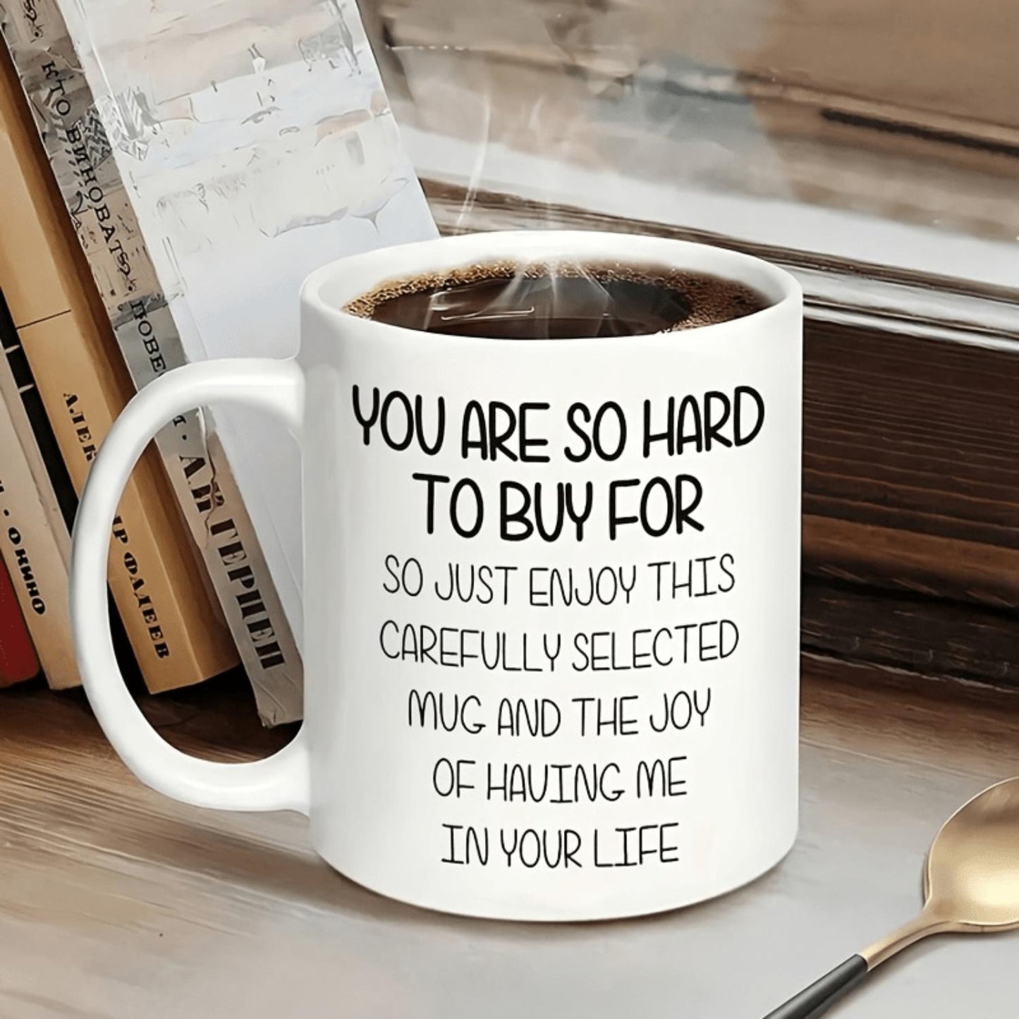 1pc Funny 'You Are So Hard to Buy for' Ceramic Coffee Mug | 11oz, Reusable, Microwave Safe, Letter Print, Round Shape, Ideal for Hot and Cold Drinks, Perfect Gift for Friends, Coworkers, Boss, Wife, Husband, Birthday, Summer and Winter