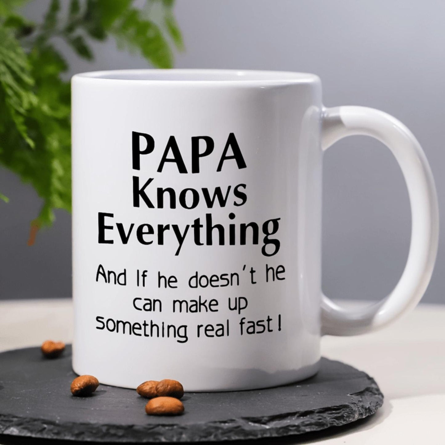 1pc Papa Knows Everything Funny Ceramic Coffee Mug - White with Black Text & Design, Large Handle for Easy Grip - Unique Father’s Day Gift from Daughter or Son, Christmas, Birthday Present for Men, Gift for Dad | Playful Design |