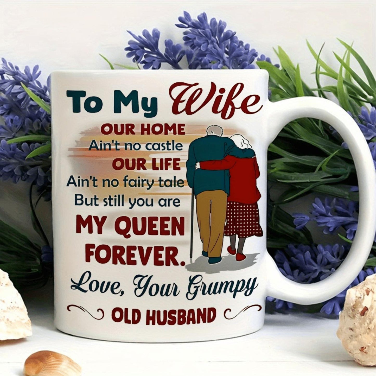 1pc 11oz, Romantic Wife Gift Ceramic Coffee Mug, Queen Forever Printed Style Cup, Anniversary Valentines Day Present for Spouse
