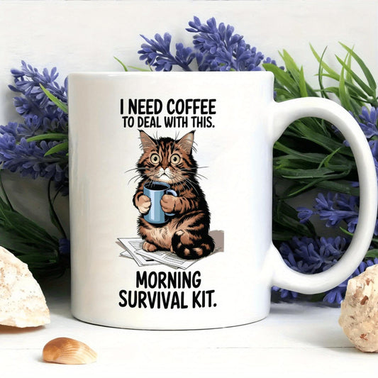 1pc, 11oz, Cute cat Ceramic coffee mug, funny mug, Morning Survival Kit Mug