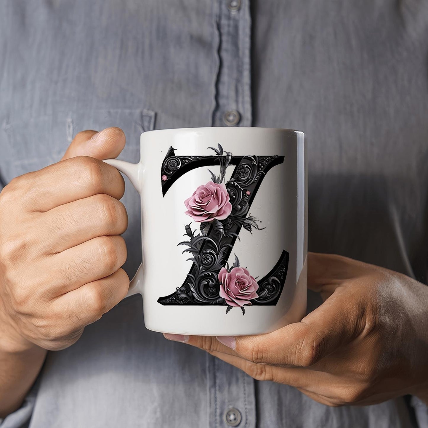 1pc Black Letter Floral A-Z Print Coffee Mug, Pink Floral, Alphabet Floral Coffee Mug for Office and Home, Alphabet Ceramic Coffee Mug, Women's Birthday Gift, Mom, Best Friend, Bride, Bridesmaid Gift, White Tea Cup, Mother's Day, Father's Day Gift 11oz