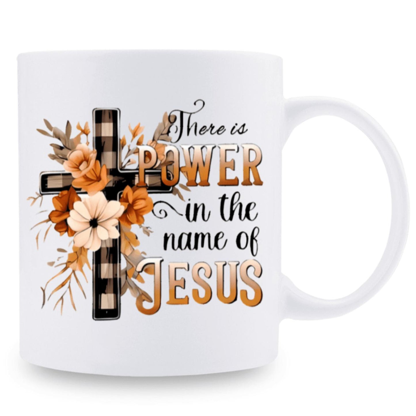 "There Is Power In The Name of JESUS" 3A Ceramic Mug Cup, 11oz Personalized Coffee Mug With Funny Flowers and Crosses Motifs, Tea Cup, Dining Mug, Four Seasons Drinking Mug, Holiday Anniversary Gifts For Family, Sisters, Friends,