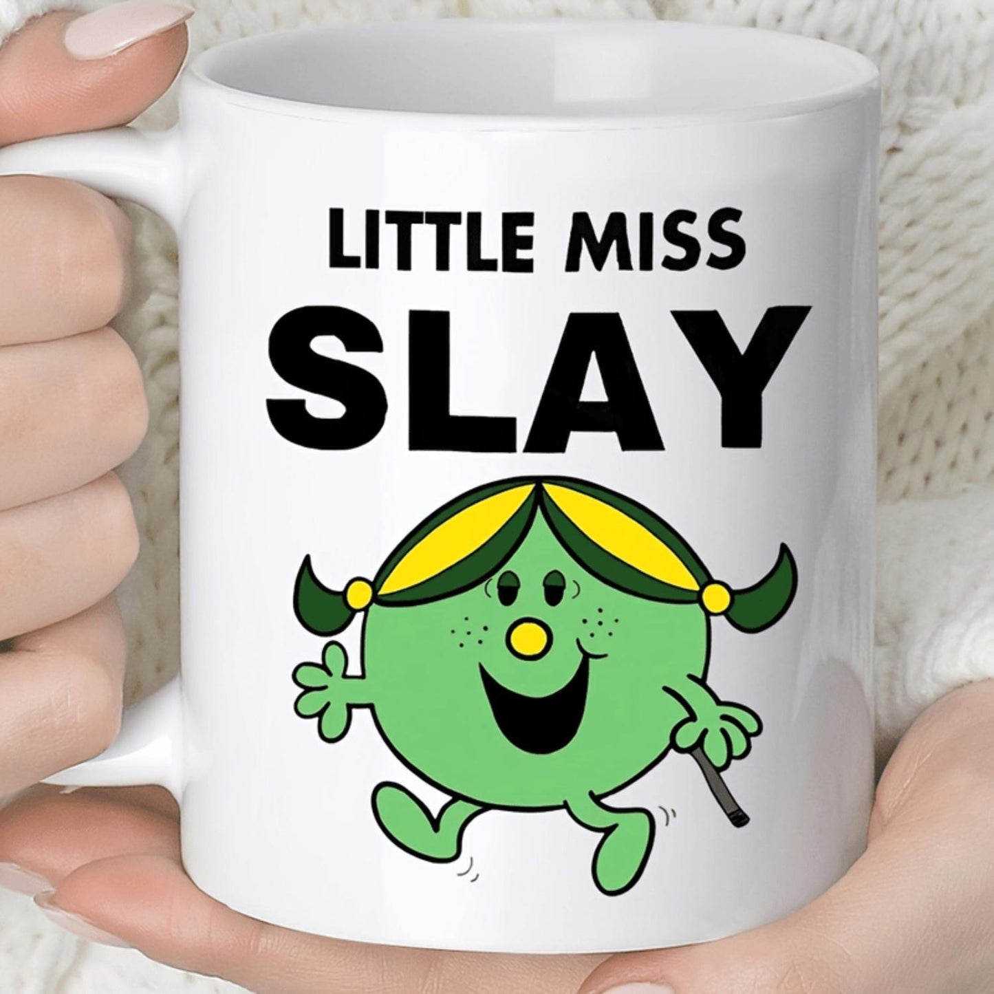 Little Miss SLAY Mug – Cute Green Character Design, White with Yellow & Black Accents – Perfect for Coffee, Tea, and Gifts – Dishwasher Safe, Reusable, Ideal for Family, Friends, and Classmates