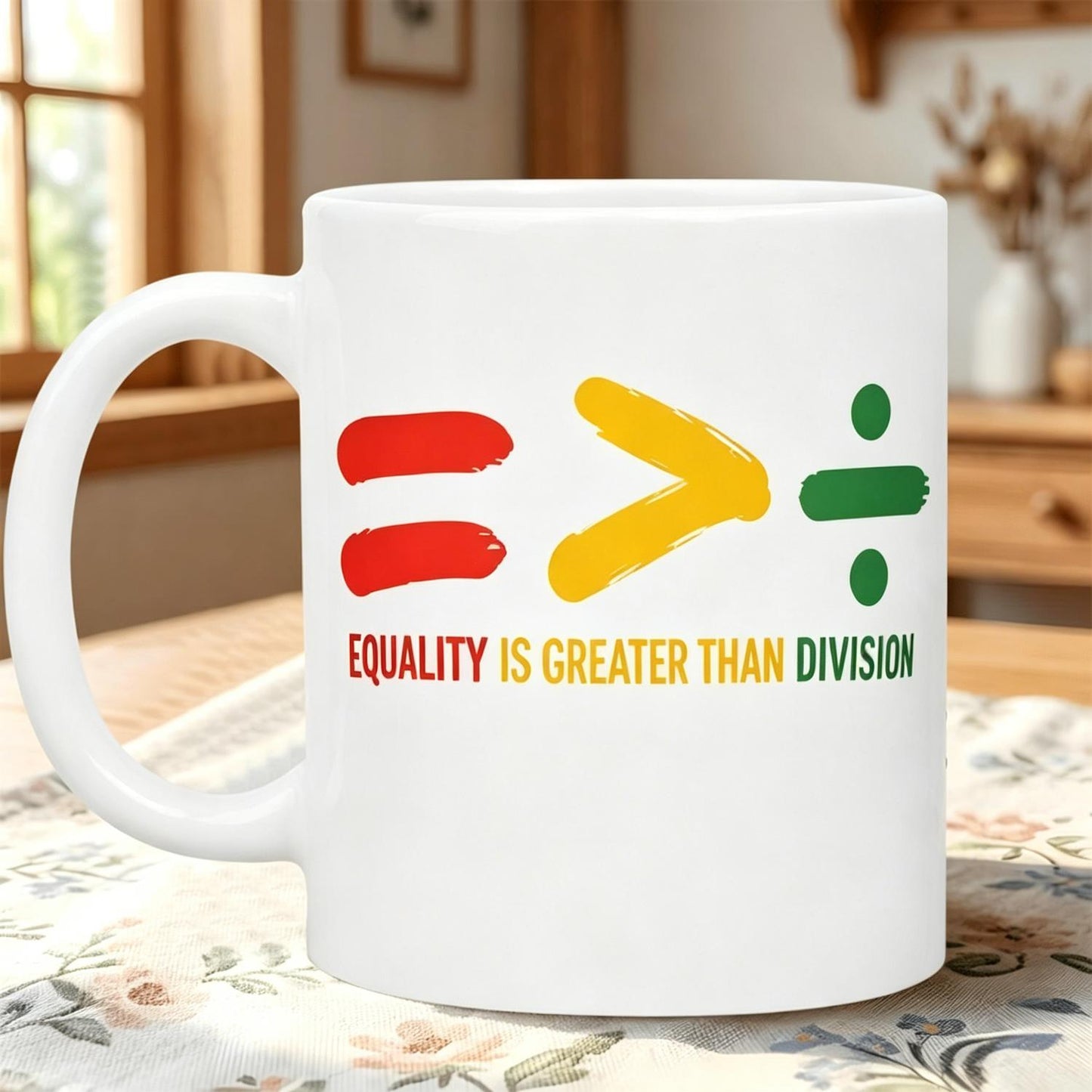 "Red Yellow Green Equality Mug - Motivational Civil Rights Gift""Equality is always greater than division This mug says it all"