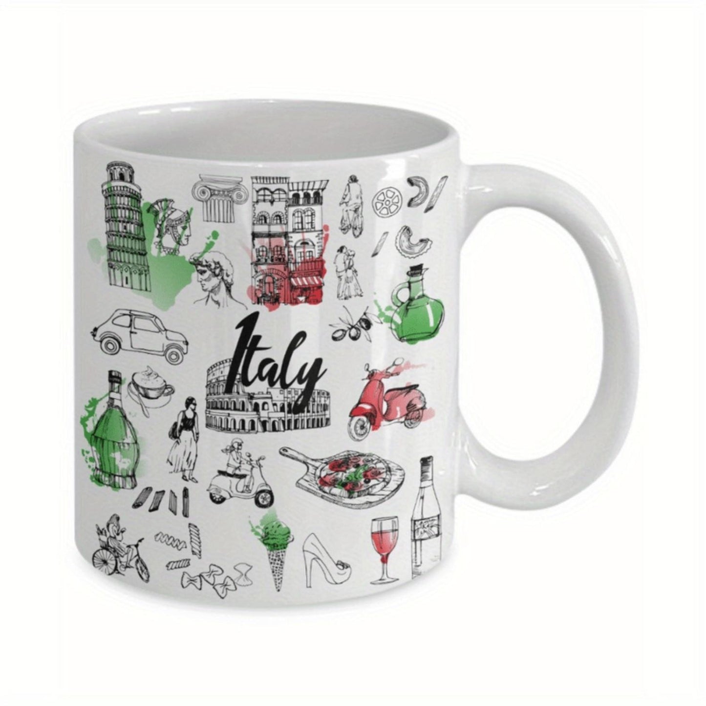 11oz White Ceramic Coffee Mug with Double-Sided Italy Lifestyle Print - Microwave Safe, Hand Wash Only, Vibrant Italian Culture Design Featuring, Pizza & Gelato - Ideal Gift for Coffee & Water Lovers, Daily Coffee Mug | Italian Cu