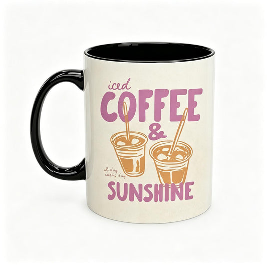 Iced Coffee & Sunshine Pattern Ceramic Cup, Coffee Lover Casual Graphic Ceramic Cup, Reusable Coffee Cups