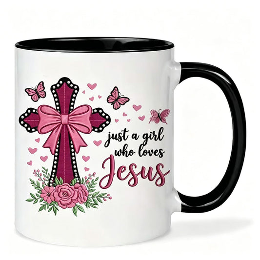 "Just A Girl Who Loves Jesus" Pink Embellished Ceramic Mug Suitable for Hot/Cold Drinks, Insulated Reusable Coffee Cup with Christian, Dishwasher Safe for Tea/Coffee, Gift for Women, Easter & Christmas Present
