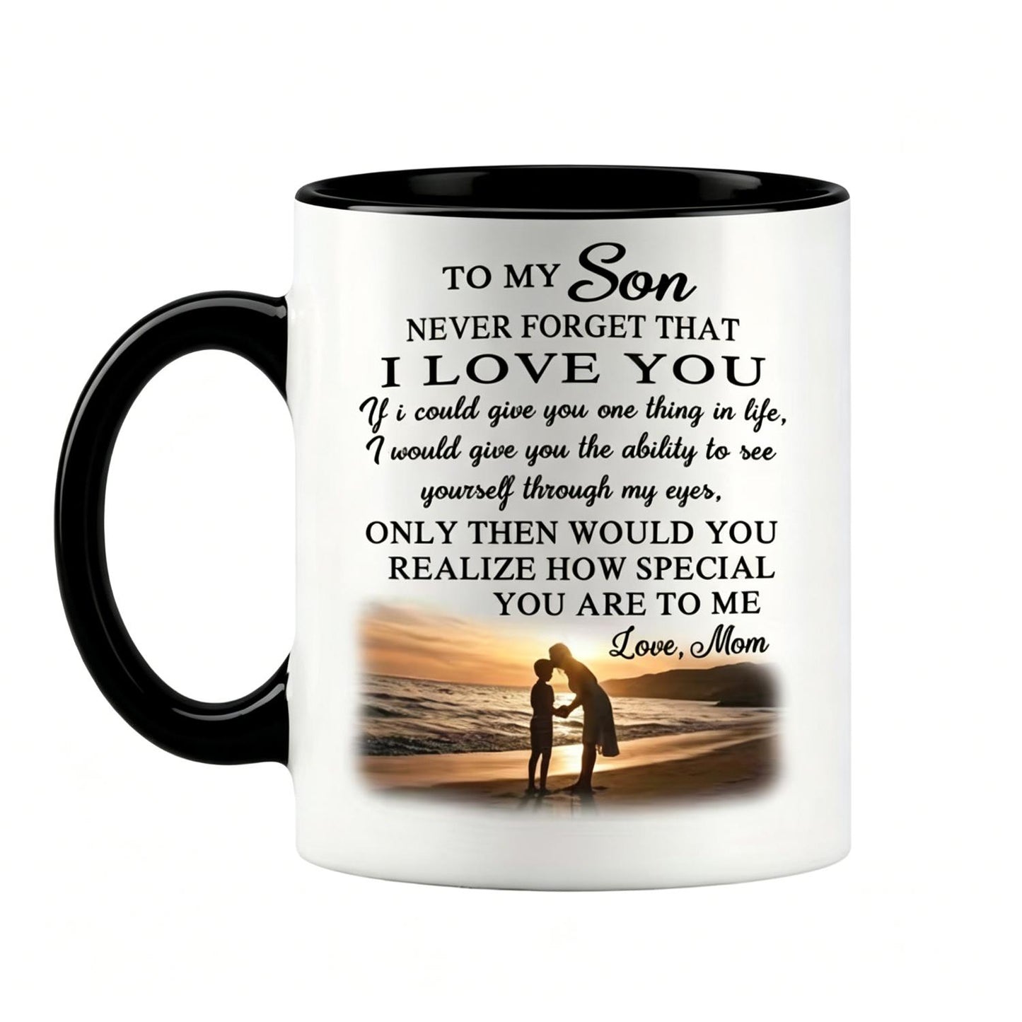 Heartfelt 'to My Son' from Mom Ceramic Coffee Mug - Suitable for Birthdays, Christmas Gifts, Mother's Day Present with Loving Message & Sunset Beach Photo Design, Durable  Sentimental for Son, Tea/Coffee Cup