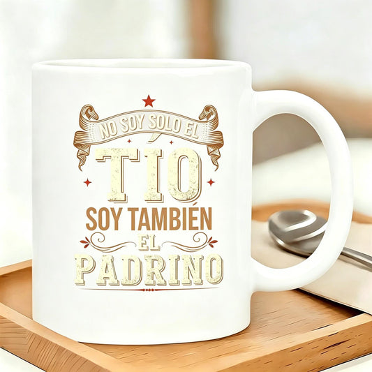 Men's Funny Spanish Graphic Reusable Coffee Cups "No Soy Solo El Tío, Soy Tambien El Padrino" Godfather Saying - Black Ceramic Cup with White & Golden Lettering - Italian Godfather Birthday/Wedding Party Gifts Cup