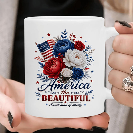 Patriotic Daily Mug Featuring 'America The Beautiful Sweet Land of Liberty' Quote with Floral And American Flag Graphic, Dishwasher Safe - Ideal Gift for USA Patriotic Events, Floral Lovers, Coffee Enthusiasts, Both Men And Women