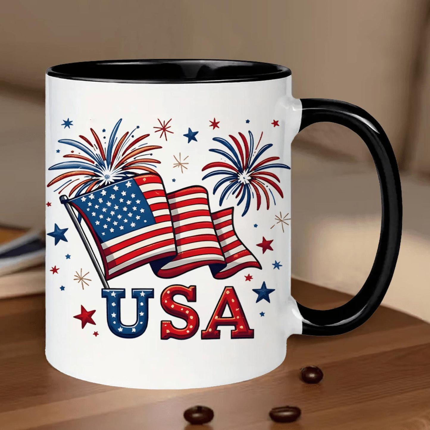 "USA Fireworks" 11Oz Ceramic Mug Featuring a Patriotic Flag And Fireworks Design, Safe for Dishwashers