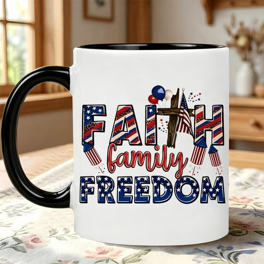 [4Th of July] 1pc 'Faith Family Freedom' Patriotic Christian 11Oz Ceramic Mug | Insulated Reusable Coffee Cup, Dishwasher Safe, Perfect for Hot/Cold Drinks
