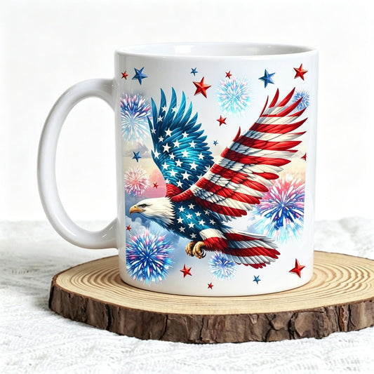 Coffee Mug, 2D Flat Print Design, Fourth of July Coffee Cup, Featuring The Flag And Eagle, Perfect for Independence Day, July 4Th Gifts