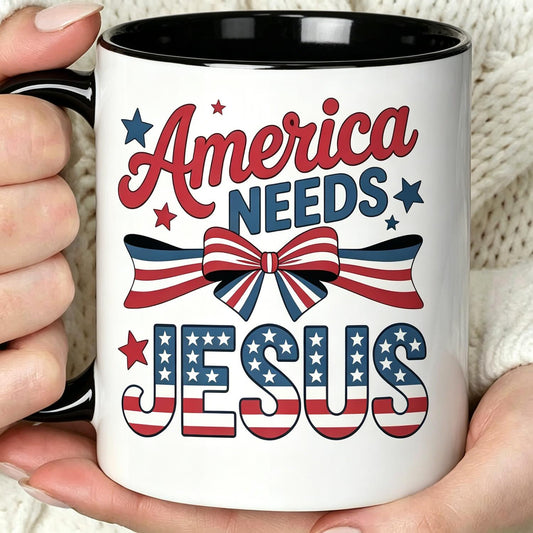 Star Patriotic Christian Graphic Mug, USA Bow America Needs Jesus Faith Coffee Cup For Believers USA Flag Bow Faith Religious 4th Of July Mug