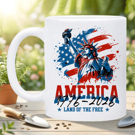 1pc 4th & 250th Anniversary Gift - Vintage Statue of Liberty Ceramic Mug with "Land of the Free" Brushstroke Design, Inner Rim Suitable for Hot/Cold Drinks, Reusable Coffee Cup for Tea, Cocoa, for, Office, Picnic - Patriotic USA