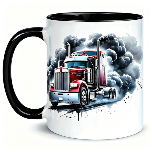 Red Semi Truck Big Rig Coffee Mug, Diesel Trucker Driver Gift with Smoke Art Design, 11oz Ceramic Coffee Cup for Truck Lovers, Semi-Rig Enthusiast Daily Drinkware