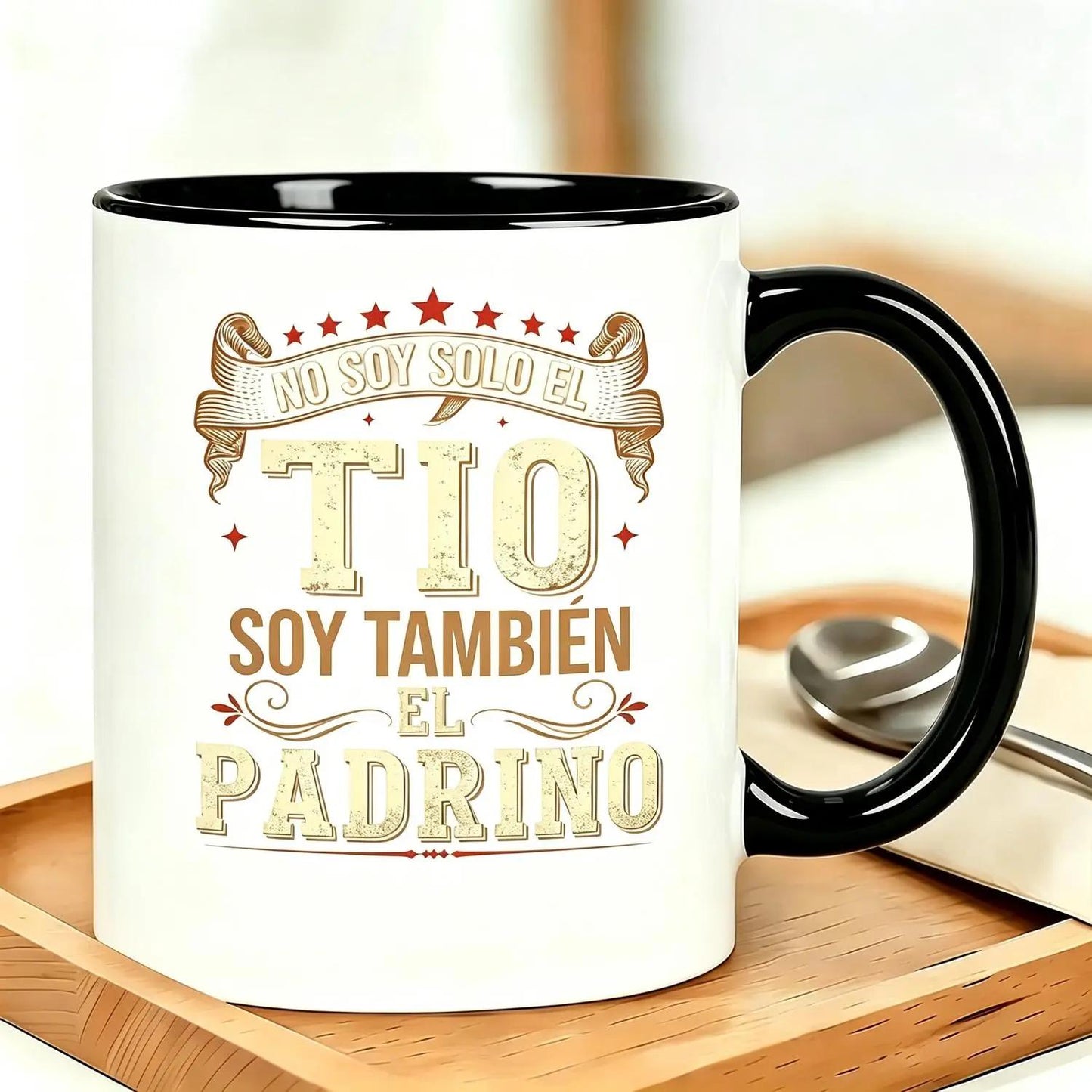 Men's Humorous Spanish Graphic Reusable Coffee Mug Featuring No Soy Solo El Tío Soy Tambien El Padrino Godfather Quote Black Ceramic Mug with White and Gold Lettering Perfect for Italian Godfather Birthday or Wedding Party Gifts