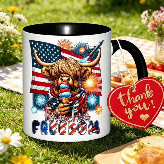 Funny 250th America Independence Day Gift Highland Cow Ice Cream Flag Mug, Vintage Patriotic Ceramic Coffee Cup For 4th Of July Daily Use