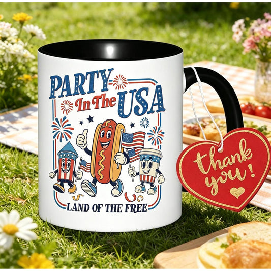 Funny Independence Day Cartoon Gift Hot Dog Firework Slogan Mug, 250th Anniversary Of America Patriotic Commemorative Coffee Cup