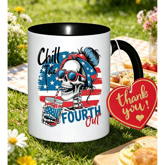 Cool Unique Independence Day Gift Skull Bun Hair Lady Mug, 250th Anniversary Of America Niche Patriotic Ceramic Coffee Cup For 4th Of July