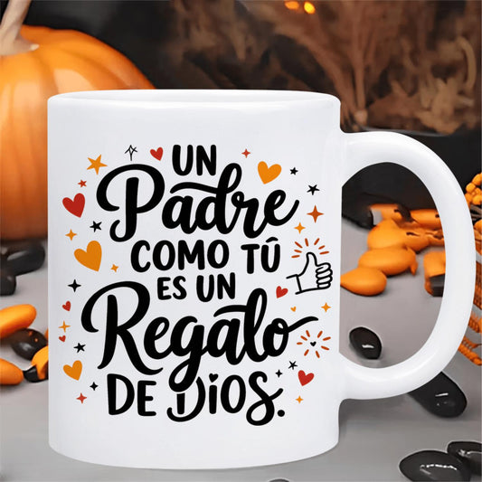 1pc Spanish "Un Padre Como Tu Es Un Regalo De Dios" Mug - White Ceramic Cup with Heart & Star Design, Dishwasher Safe Suitable for Hot/Cold Drinks, Gift for, Spanish-Language Father's Day Present for Tea, Cocoa, Beverages