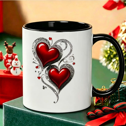 11oz Heat Ceramic Coffee Cup With Heart Handle & Red Heart Pattern, Romantic Novelty Cup For Valentine's Day Birthday