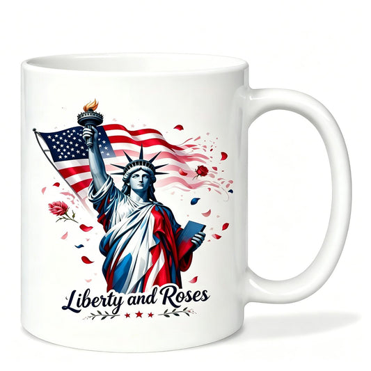 Independence Day And July 4Th And 250Th Anniversary Gift 1pc 11Oz Inner Color Ceramic Mug Liberty And Roses Statue Torch Rose Petal Design Great Gift