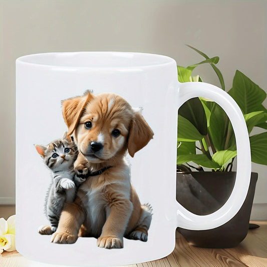 Insulated Reusable Ceramic Coffee Mug with Adorable Puppy & Kitten Hug Design - Hand-Wash Only, Perfect for Camping, Outdoor Use, Birthdays, Valentine's Day & Holiday Gifts - Unisex White Mug, Coffee Cup