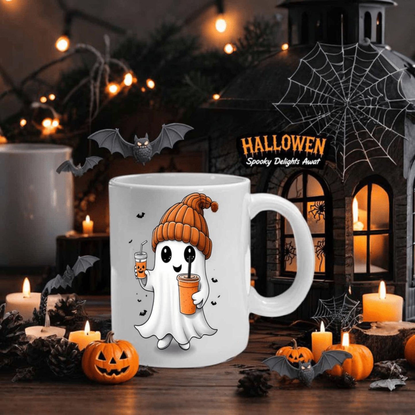 1pc Halloween Ceramic Mug - Cute Ghost in Orange Hat with Pumpkin Spice Cup, Spooky Haunted House Design, 11oz White Coffee Cup for Hot Drinks, Halloween Party Favors, Gifts for Women, Men, Couples - Year-Round Use, Halloween Deco
