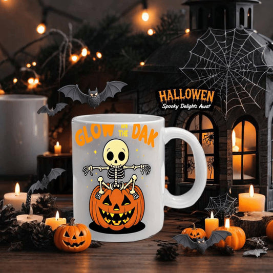 11oz white ceramic mug, Cute Cartoon Skeleton Sitting on Pumpkin Glow in The Dark Halloween Theme Design, gifts for her him, Ceramic Tea coffee cup, Halloween Gifts for women men (1pc)