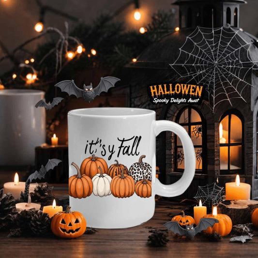 1pc Halloween & Fall Cup - Pumpkin Leopard print Mug with It's Fall Phrase - White Ceramic Coffee Tea Cup for Autumn Decor, Halloween Party Favors - Gift for Women, Men, Her, Him - Durable Ceramic Construction, Festive Drinkware,