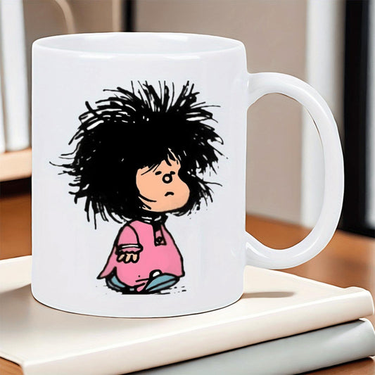 1pc 11oz Ceramic Coffee Mug with Cute Mafalda Cartoon Design - Insulated for Hot & Cold Drinks, Reusable, Hand Wash Only, Perfect Gift for Birthdays, Christmas, Valentine's Day, Coffee Bar Accessories, Insulated Coffee Mug