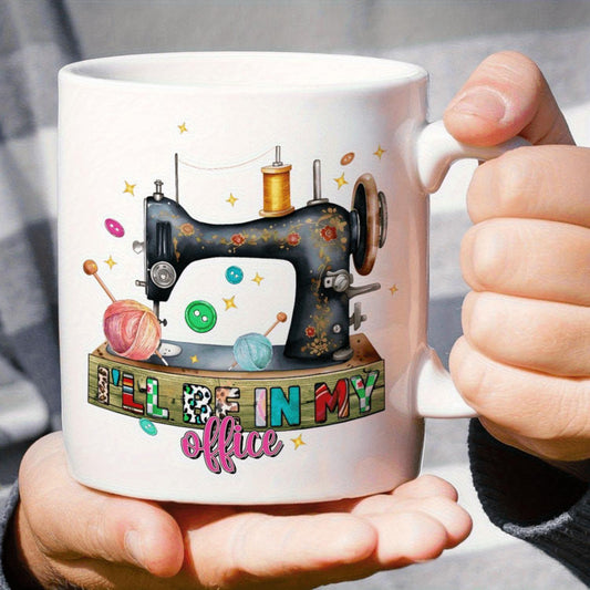 1pc Vintage Sewing Machine Ceramic Coffee Mug, 11oz - Colorful Embroidery& Crafting Design with HELLO Sewing OFFICE Text, Perfect Gift for Sewing Enthusiasts, Home or Office Decor