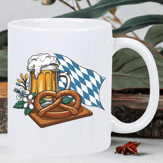 1pc Oktoberfest 11oz White Ceramic Coffee Mug with Vibrant Festive Pretzel & Blue & White Checkered Flag Design, Microwave & Dishwasher Safe, Ideal Gift for Teachers, Grandparents, Siblings - Perfect for Home or Office Use, Coffee