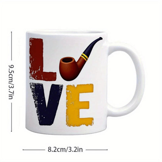 11oz Ceramic Mug with Pipe & "LOVE" Design - Insulated, Reusable, Retro Style - Perfect Gift for Pipe Enthusiasts, Romantics, Men & Women - Ideal for Home or Office Use, Office Mug | Retro Mug Design | Durable Mug