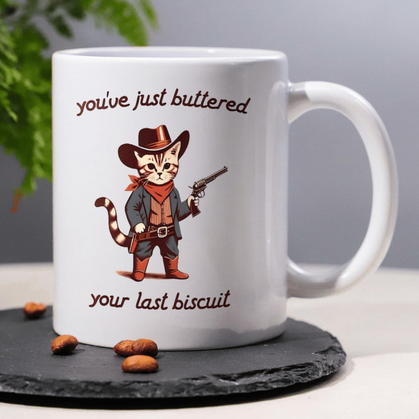 1pc, you've just buttered your last biscuit, Funny Humorous Slogan Coffee Mug with Cowboy Cat Picture, 11oz Ceramic Mug Tea Cup with Lovely Cowboy Kitten Ideal Birthday/ Christmas/ Thanksgiving Gift for Women, Men, Friend, Cat lov