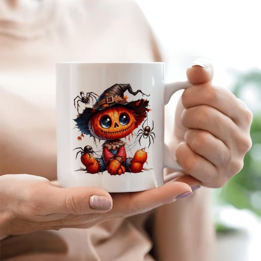 1pc Halloween Pumpkin Witch Ceramic Mug 11oz - Double-Sided Print Coffee Cup with Cute Cartoon Design, Spiders & Bats - Durable Ceramic for Home, Office, Halloween Decor, Halloween Accessories, Seasonal Tableware, Playful Design,