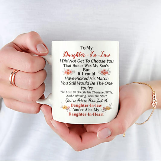 Hyturtle 11oz Ceramic Coffee Mug - Heartfelt Daughter-in-Law Gift from Mother-in-Law for Birthday, Christmas, Wedding, Engagement - White with Floral 'Thank You' Design & Touching Message