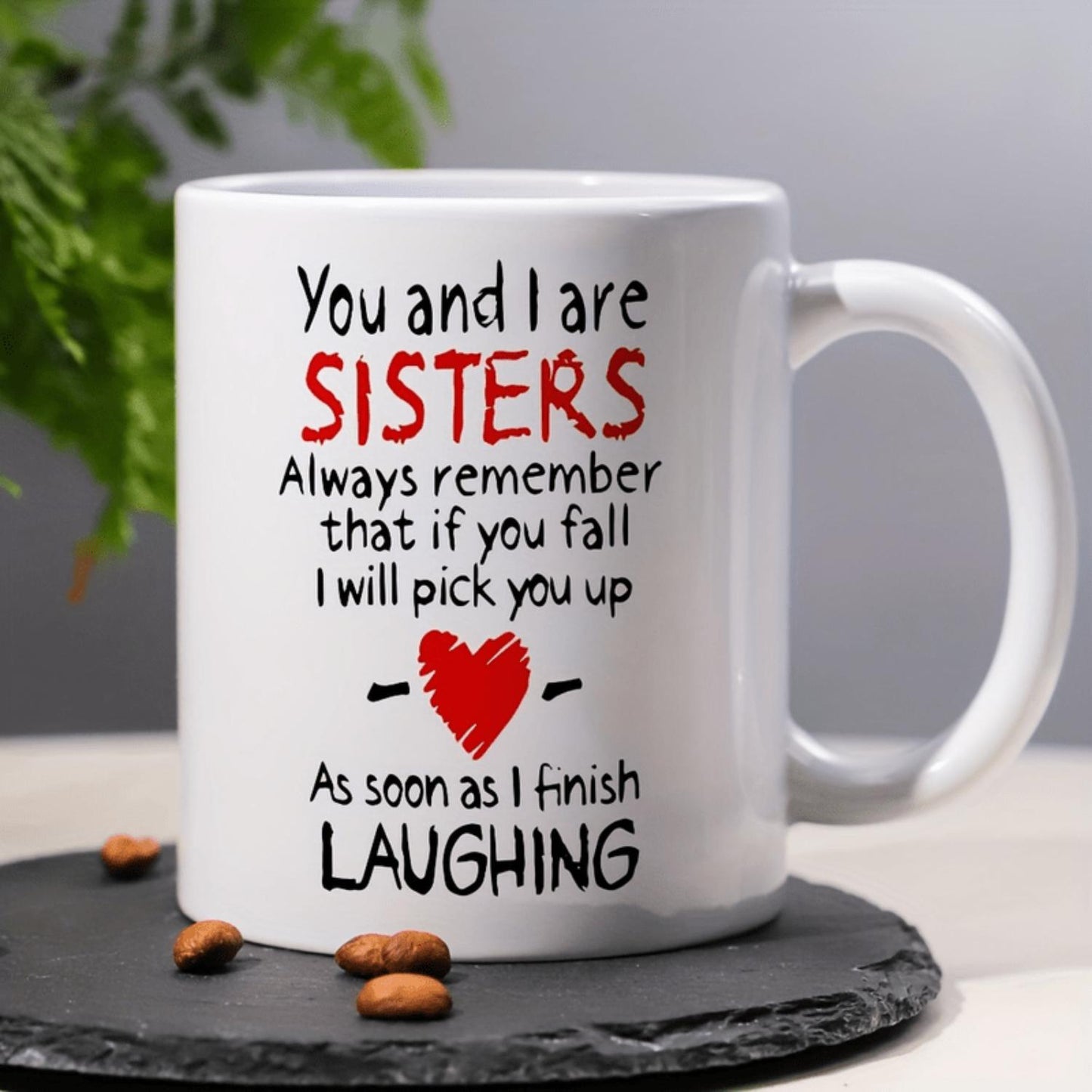 1pc Sisterly Bond Mug - "You & I Are Sisters" Heartfelt Message with Red Heart Design - Premium 11oz Ceramic Coffee & Tea Cup - Perfect Birthday, Holiday, Sister Gift Idea, Sister Coffee Mug, Playful Font Design, Contrast Handle D