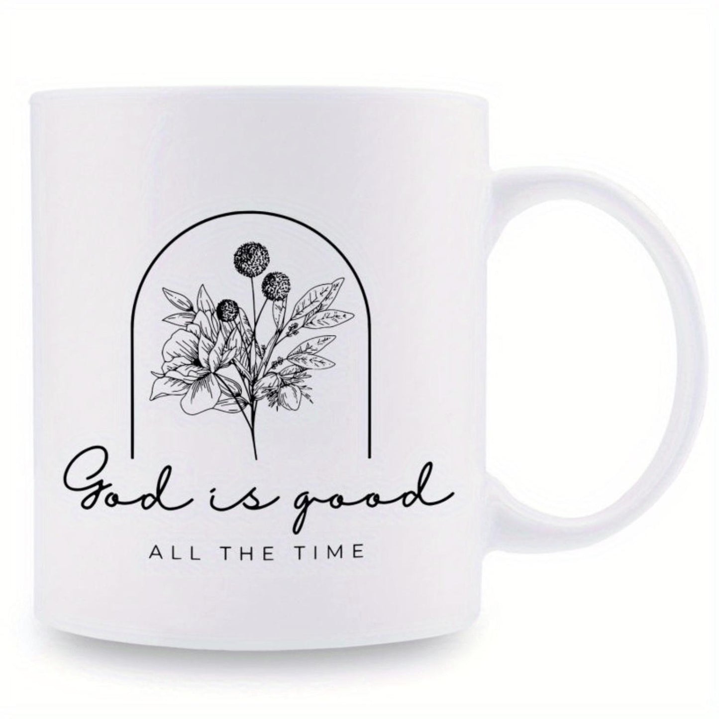 1pc "God is Good All the Time" Inspirational Quote Ceramic Mug, 11oz, Black and White with Floral Design - Dishwasher Safe, Ideal for Coffee & Tea, Perfect Gift for Birthdays, Office, Home, or Anniversaries