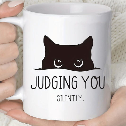 1pc WhimsyCat Ceramic Coffee Mug - "Judging You Silently" Cat Design - Durable, Reusable Cup for Beverages - Ideal Gift for Cat Lovers - Dishwasher Safe