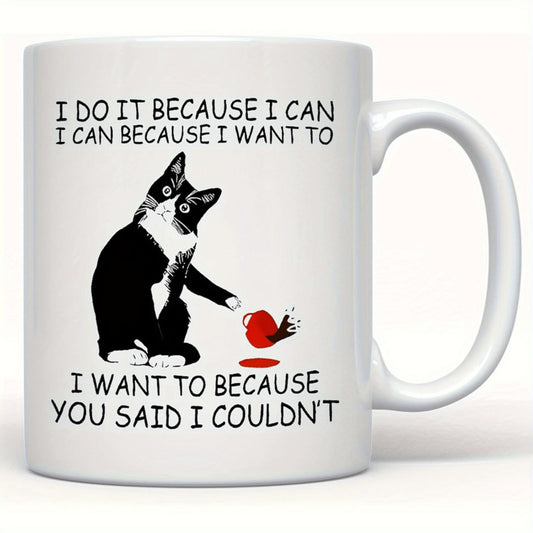 Chic Cat & Letter Print 11oz Ceramic Mug - Perfect for Halloween, Christmas, Easter, Thanksgiving Gifts - Insulated, Reusable Coffee Cup for Home Use