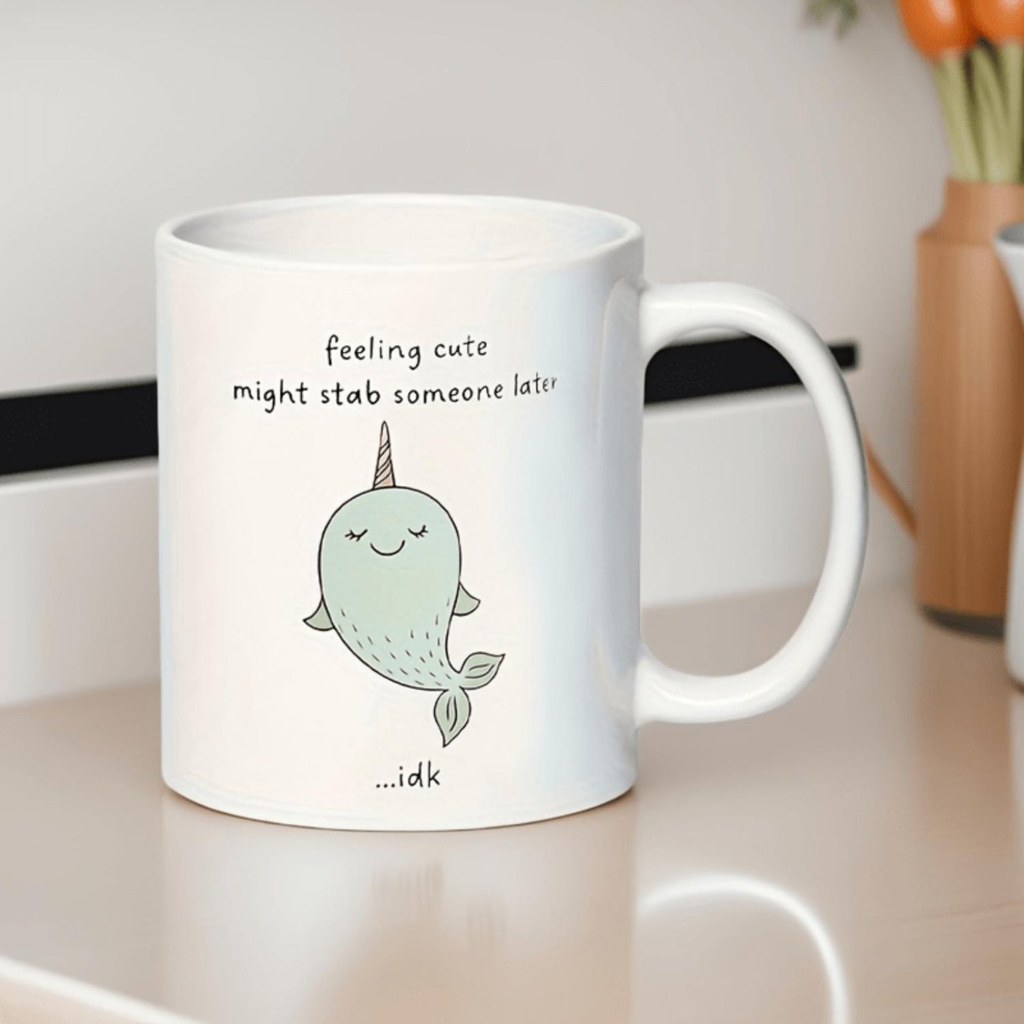 1pc Narwhal Coffee Mug – Funny "Feeling Cute Might Stab Someone Later" Design, Humorous Gift for Her, Dishwasher Safe & Reusable, Perfect for Coffee Lovers, Humorous Drinkware | Playful Design | Mug, Coffee Bar Accessories