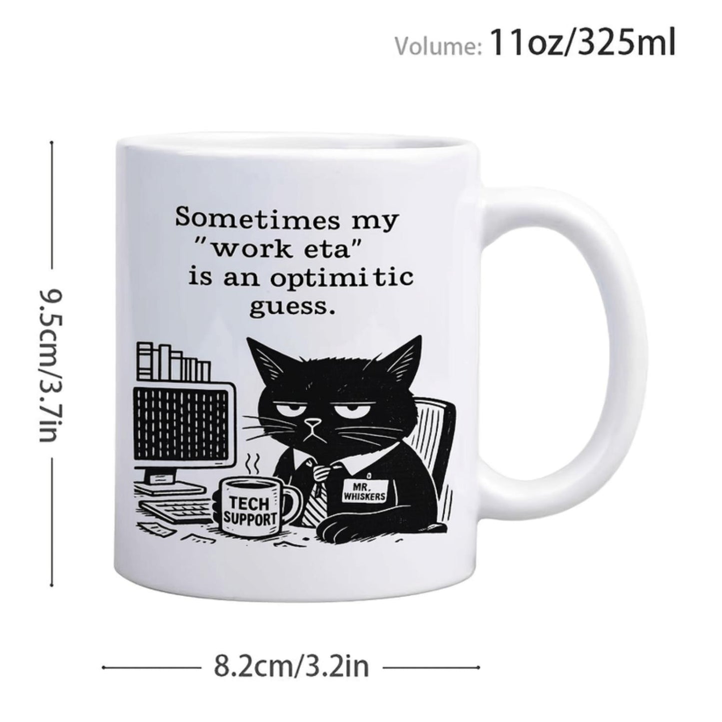 1pc Funny Tech Support Cat Mug - 11oz Ceramic Coffee Cup with "Sometimes My Work Eta" Quote, Black & White Cartoon Design, Perfect Gift for Computer Geeks & Tech Enthusiasts, Office or Home Use, Coffee Mug, Humorous Gift Item, Pla