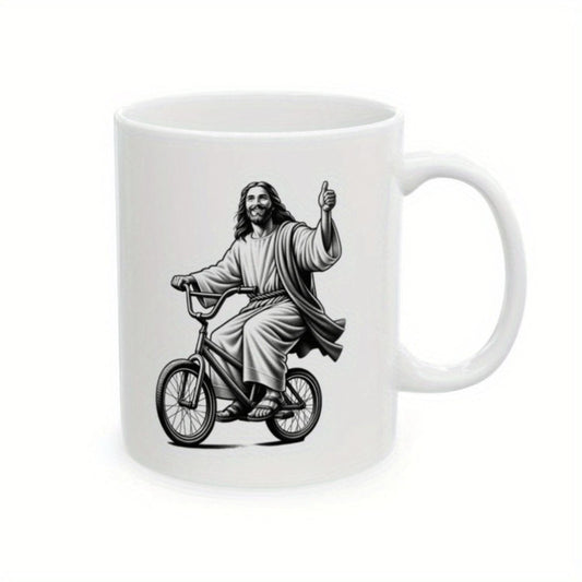 Funny Riding Bicycle Mug - Insulated Coffee Cup with Thumbs-Up Design, Dishwasher Safe Religious Gift for Christians, Birthday, Mother'S Day - Office & Home Use Cup - Minimalist Riding Bike Art Mug, Humorous Gift, Playful Design,