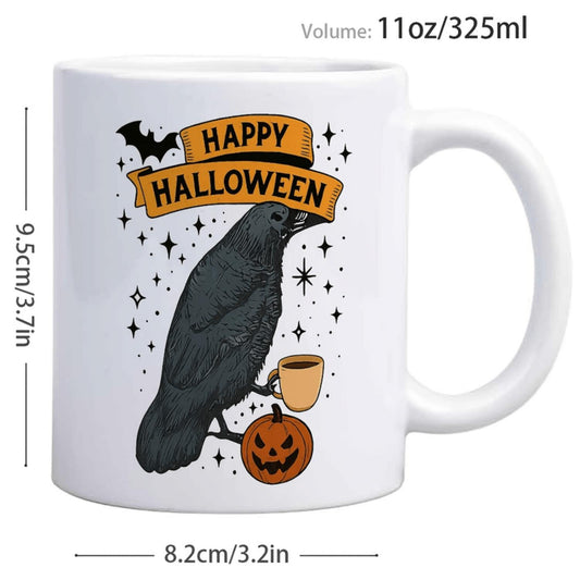 1pc 11oz Gothic Halloween Ceramic Coffee Mug & Tea Cup with Crow, Pumpkin, Bats & Moon Design - Dishwasher Safe Reusable Cup for Spooky Season Decor, Parties, Gift for Adults & Teens (Happy Halloween Lettering), Party Supplies, Ba