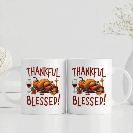 1pc 11oz Ceramic Coffee Mug with "Thankful Blessed" Thanksgiving Turkey & Wine Design - Dishwasher Safe White Reusable Cup for Hot/Cold Drinks, Ideal Gift for Christmas, Easter, Birthdays, Weddings - Turkey Dinner Theme with Pumpk