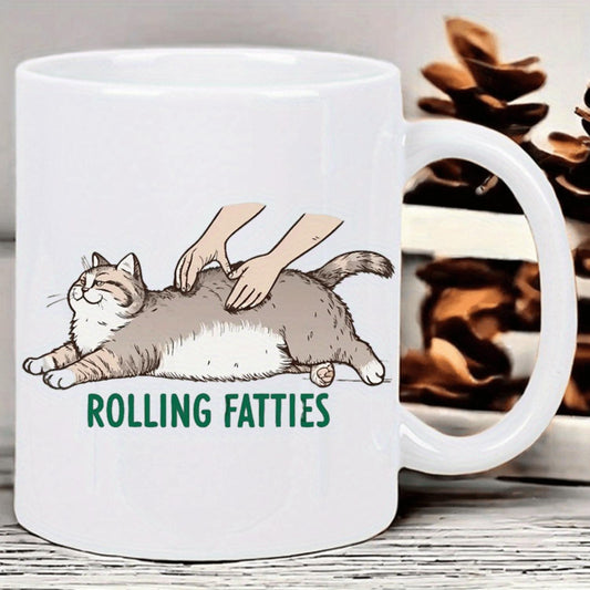 1pc 11oz Rolling Fat Cat Ceramic Coffee Mug - Insulated Reusable Travel Mug with Playful Cat Design, Hand Wash Only, Perfect Gift for Coffee Lovers, Men & Women, Humor Art, Thermos Coffee Mug, Coffee Travel Mug, Humorous Drinkware