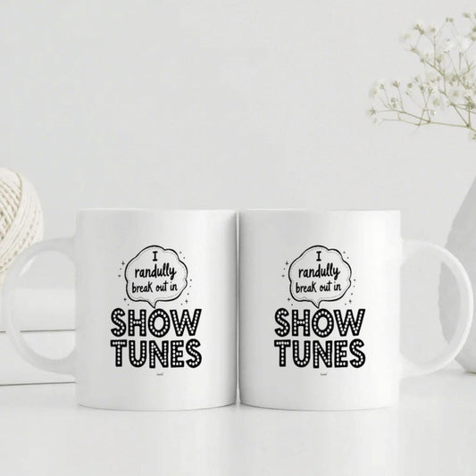 1pc Funny Musical Theater Mug - "I Randomly Break Into Show Tunes" Coffee Cup with Handle - 11oz White Ceramic Cup for Broadway Fans, Theater Lovers - Dishwasher Safe Gift for Christmas, Birthdays, Weddings - Hot & Cold Drinks - I